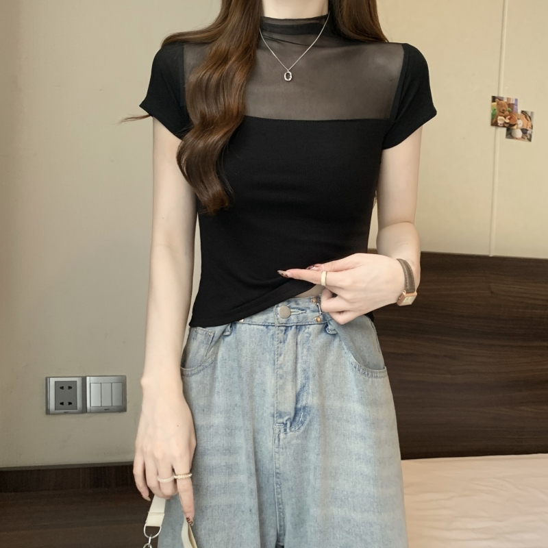 實拍  40支純棉 2024夏裝辣妹風短袖T恤女修身網紗拼接