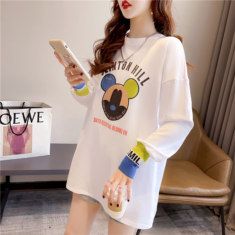 Real shot 2024 spring Korean style loose double-sided German velvet round neck warm splicing long-sleeved bottoming shirt T-shirt for women