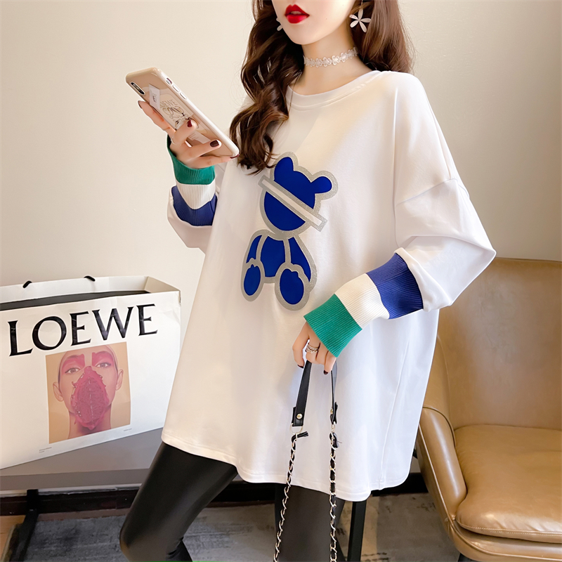 Real shot 2024 spring Korean style loose double-sided German velvet round neck warm large size spliced ​​long-sleeved bottoming shirt T-shirt for women