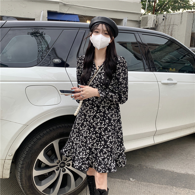 實拍~~小個子V領氣質雪紡長袖碎花連衣裙收腰顯瘦內搭裙