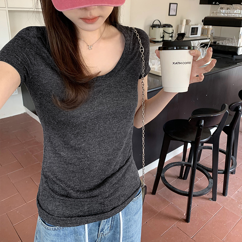 實拍圖U領正肩T恤女2024春夏季新款修身顯瘦短袖上衣潮微透小衫