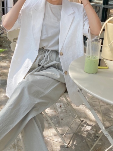 夏季 韩国chic复古翻领两粒扣大口袋宽松休闲短袖西装外套女棉麻