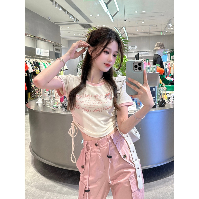 Official picture 220g 6535 stretch cotton sweet and spicy style navel-baring short-sleeved T-shirt for women in summer niche design