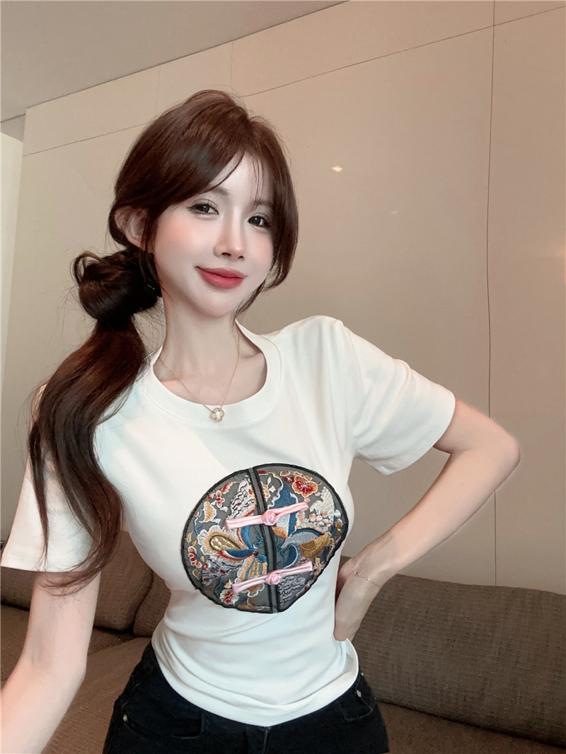 實拍~新中式國風白色短袖t恤女2024年夏季新款設計感圓領上衣