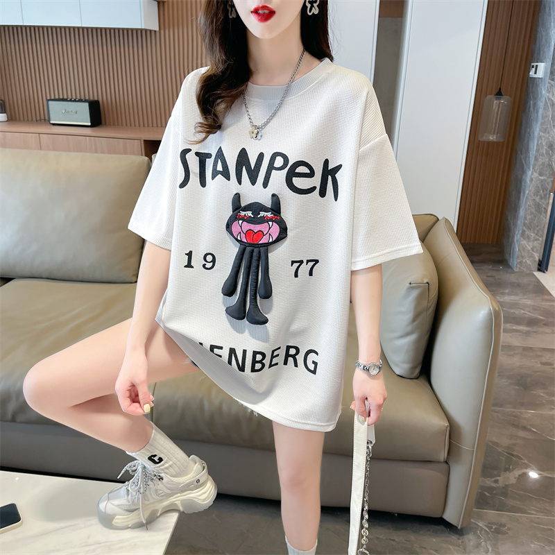 實拍2024夏季華夫格上衣女休閒寬鬆印花立體娃娃t恤女
