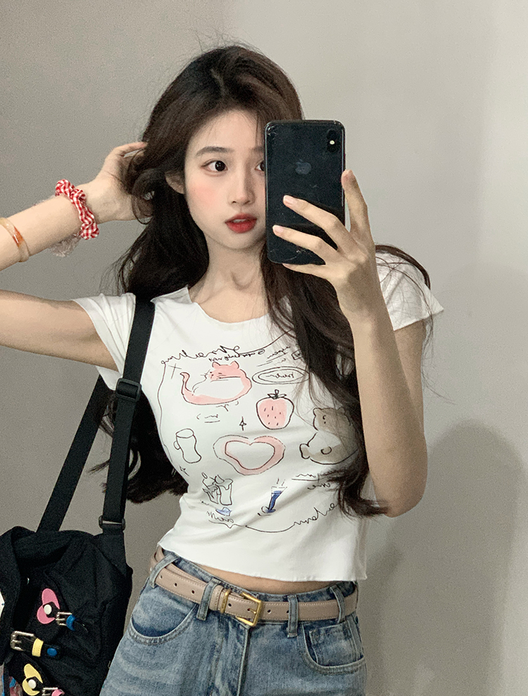 原創~實拍~鬼馬少女波邊修身顯瘦短款短袖印花T恤