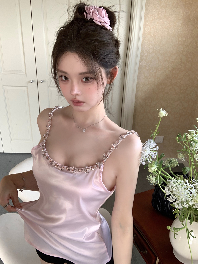 實拍 粉色少女心鑲嵌粉色寶石吊帶氣質背心女