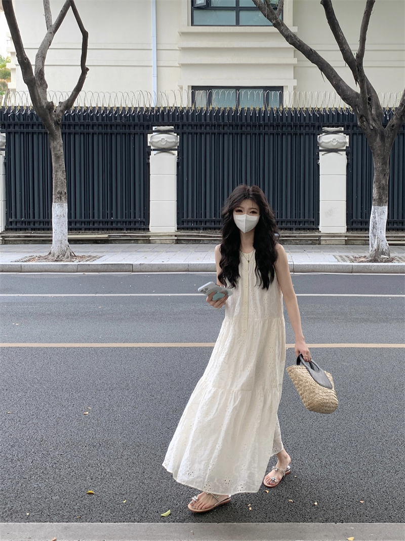實拍#法式超重工鈎花！精緻文藝感背心裙顯瘦連衣裙長裙女