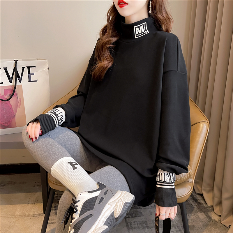 Real shot 2024 spring Korean style loose double-sided German velvet round neck warm splicing large size long-sleeved bottoming shirt T-shirt for women