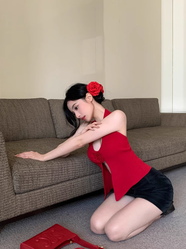 立體花朵針織掛脖吊帶背心女夏季v領甜辣妹性感紅色美背外穿上衣