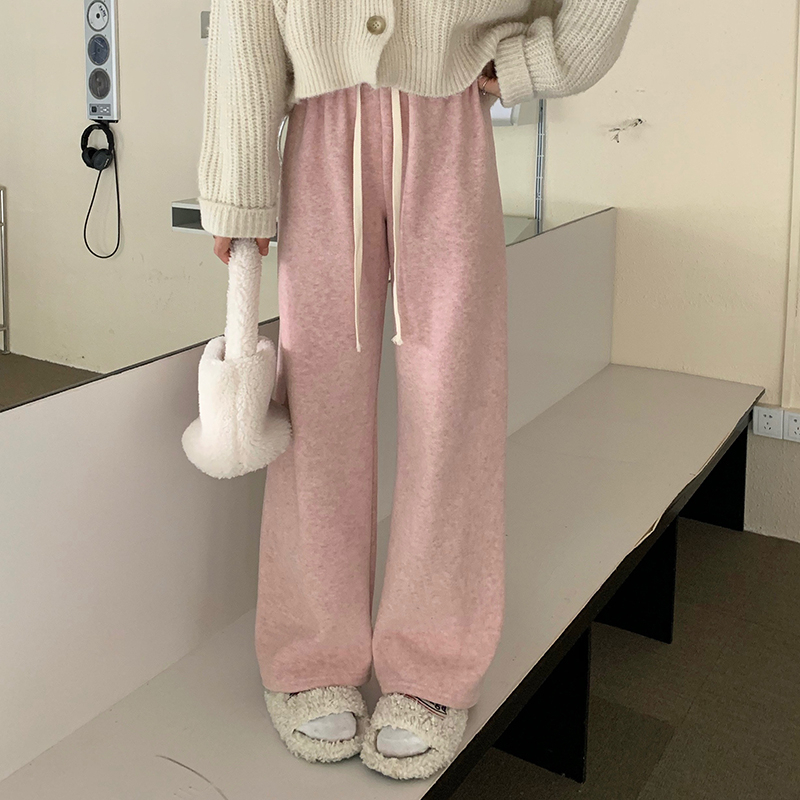 天貓原版質量闊腿褲女秋高腰直筒休閒褲奶油粉糯米褲