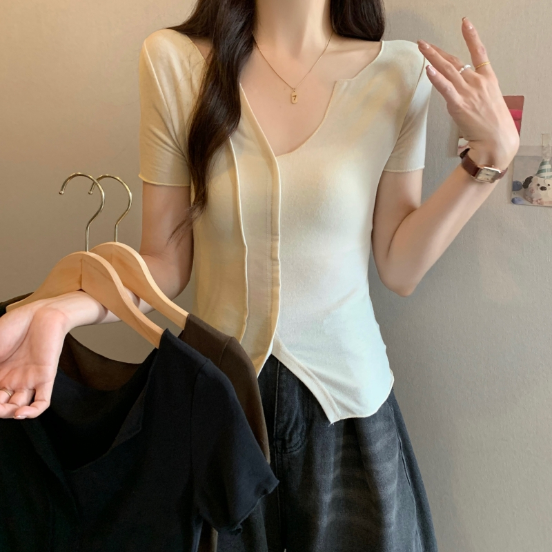 40 count pure cotton 2024 summer design niche short-sleeved T-shirt women's elastic top