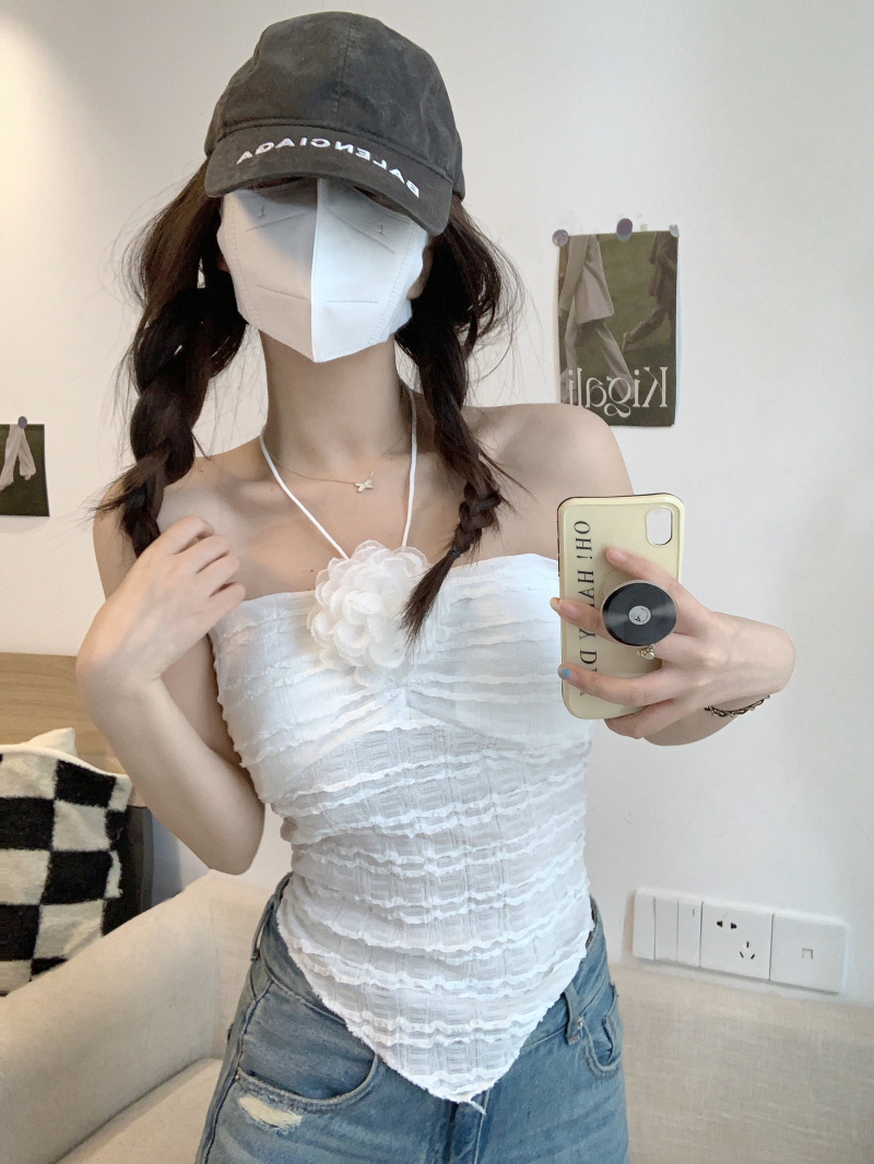 實拍 純欲掛脖吊帶小背心女內搭外穿不規則花朵甜辣粉色上衣