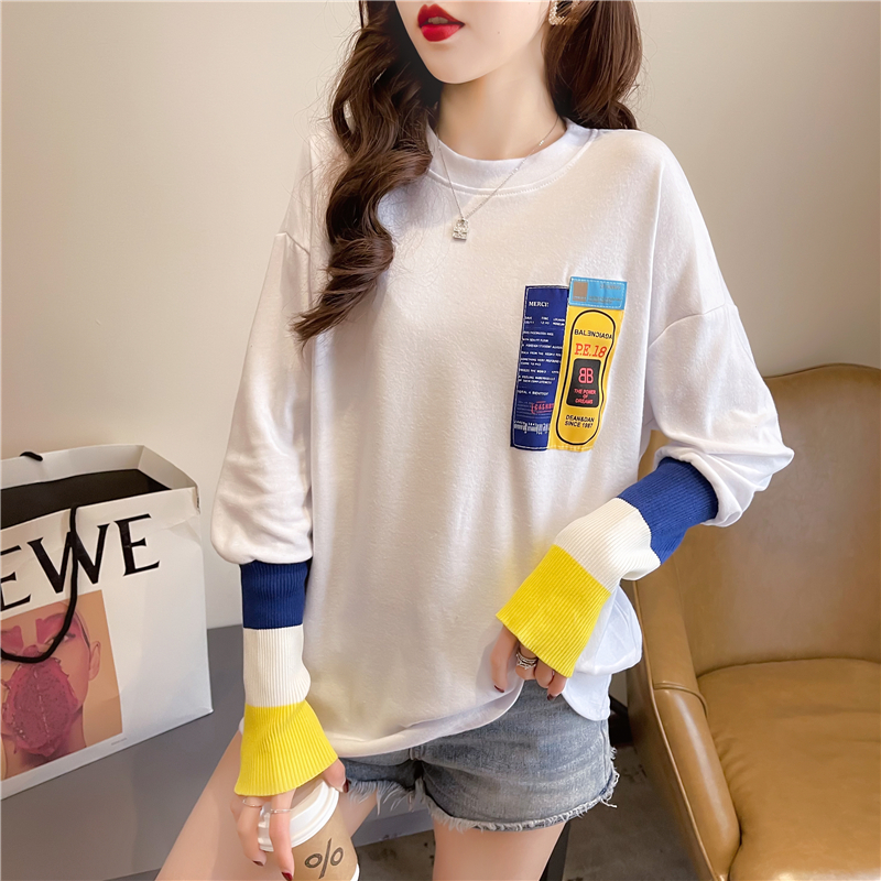 Real shot 2024 spring Korean style loose double-sided German velvet round neck warm splicing long-sleeved bottoming shirt T-shirt for women