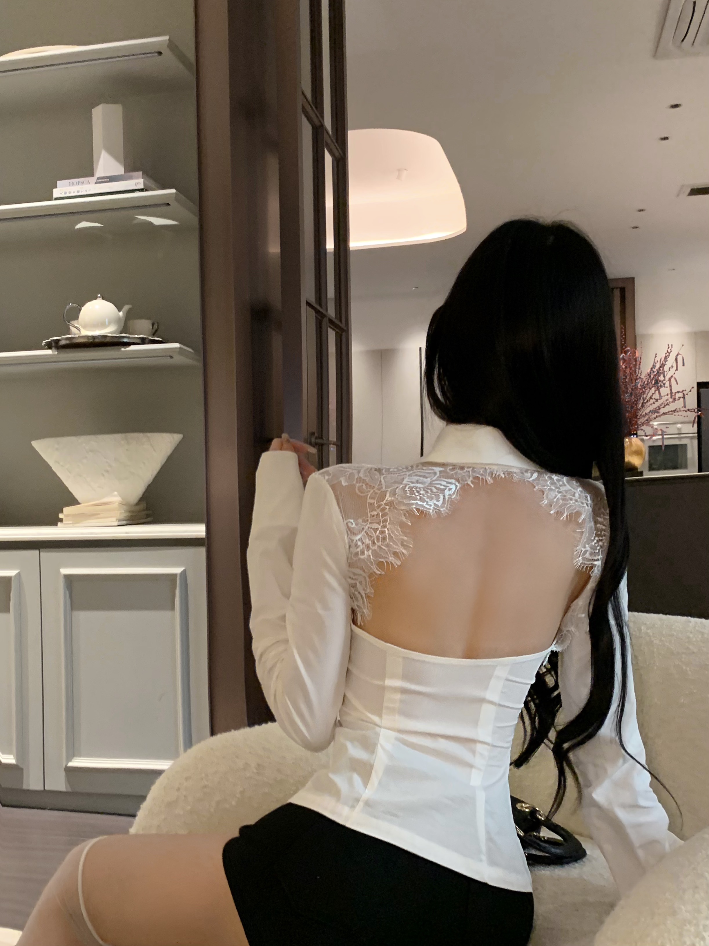 實拍 純欲露背蕾絲polo領長袖襯衫女修身收腰小眾設計感襯衣