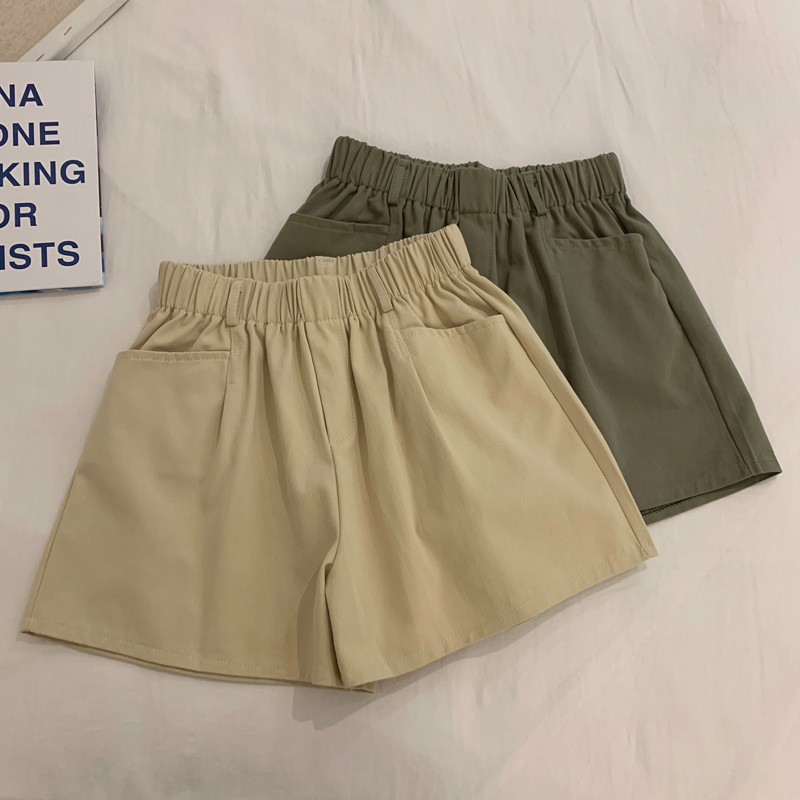 Summer elastic waist wide leg cargo shorts women's loose pants autumn small high waist black sports casual pants