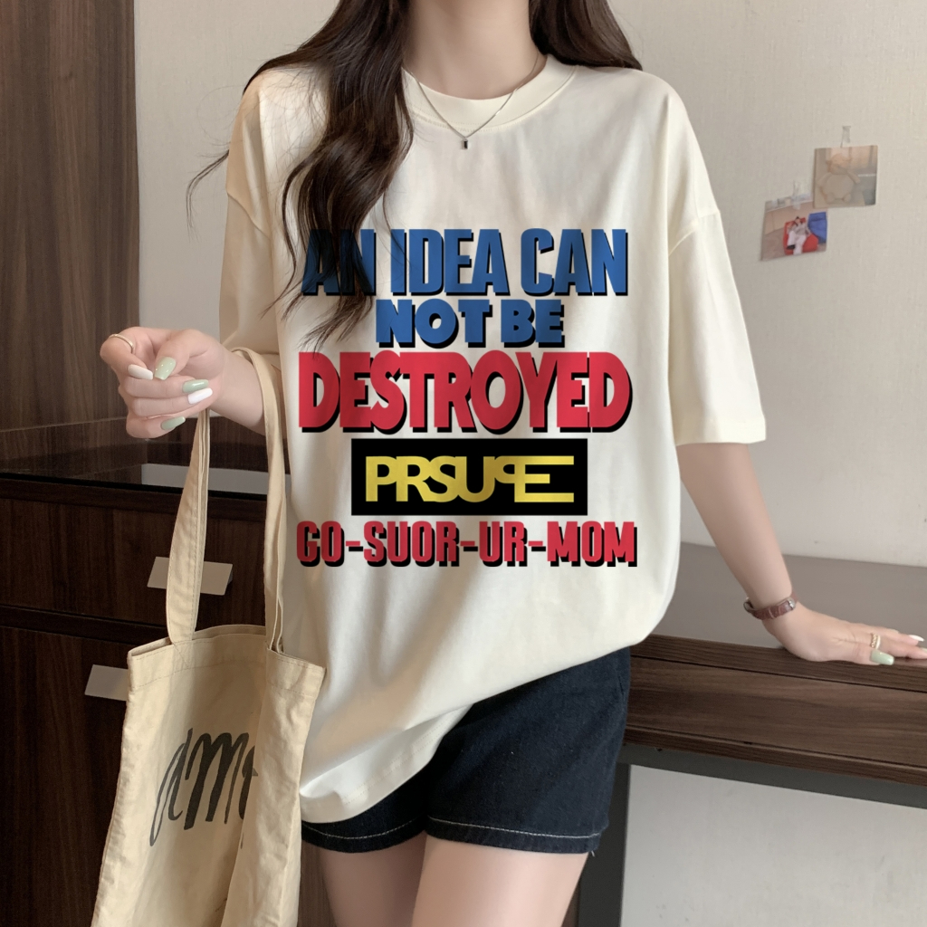 100% cotton combed cotton printed summer short-sleeved T-shirt for women loose Korean style