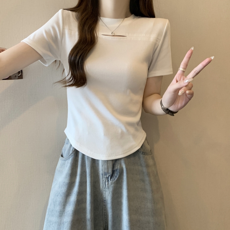 實拍2024夏季40支純棉鏤空設計感小眾短袖T恤女百搭