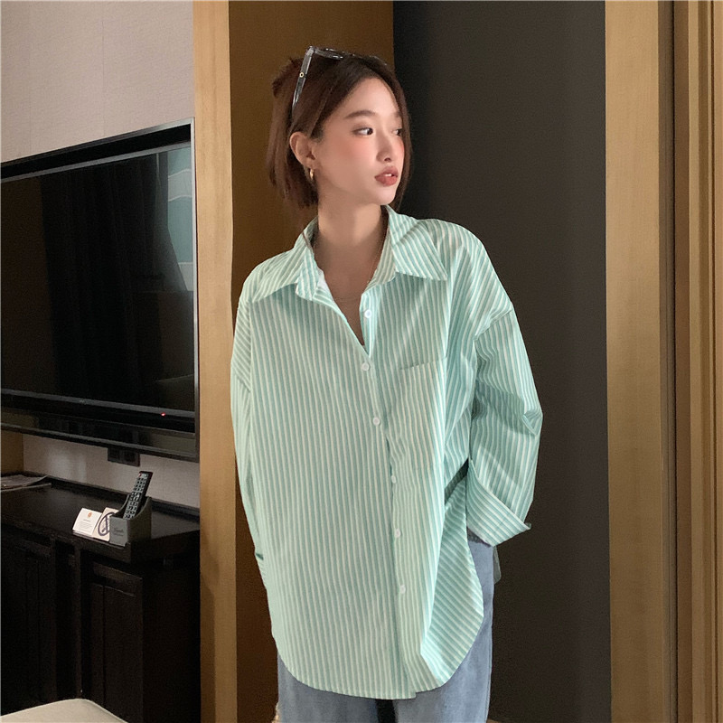 POLO領條紋襯衫女春夏設計感寬鬆中長款薄款防曬開衫上衣