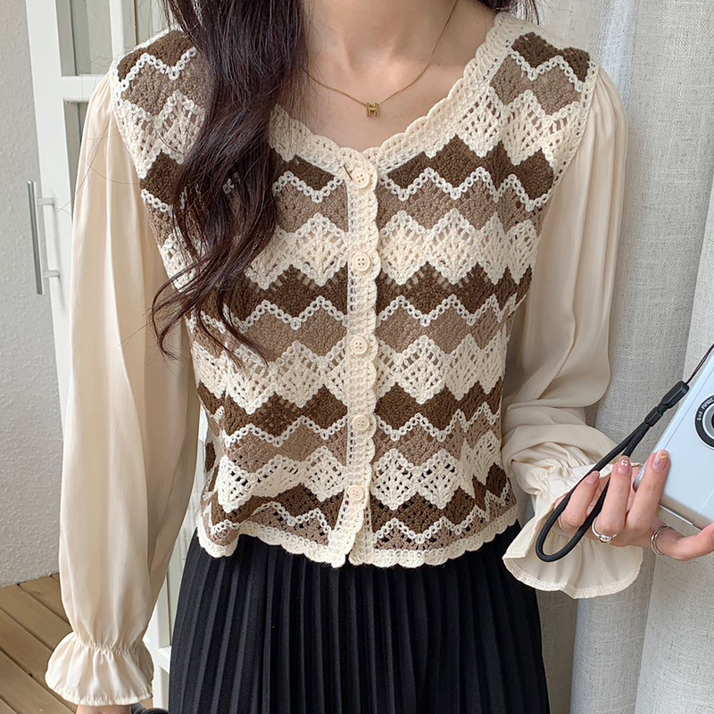 針織衫女春夏季新款復古菱形開衫短款假兩件拼接長袖襯衣v領上衣