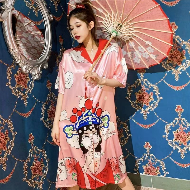 夏季新款睡裙女薄款四面彈印花短袖襯衫裙中長款性感開衫家居服女