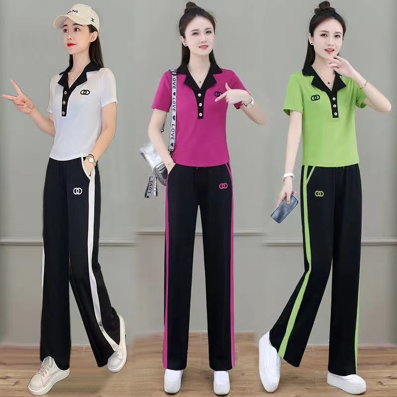 洋氣POLO領短袖時尚套裝女夏裝新款小個子顯瘦減齡休閒兩件套
