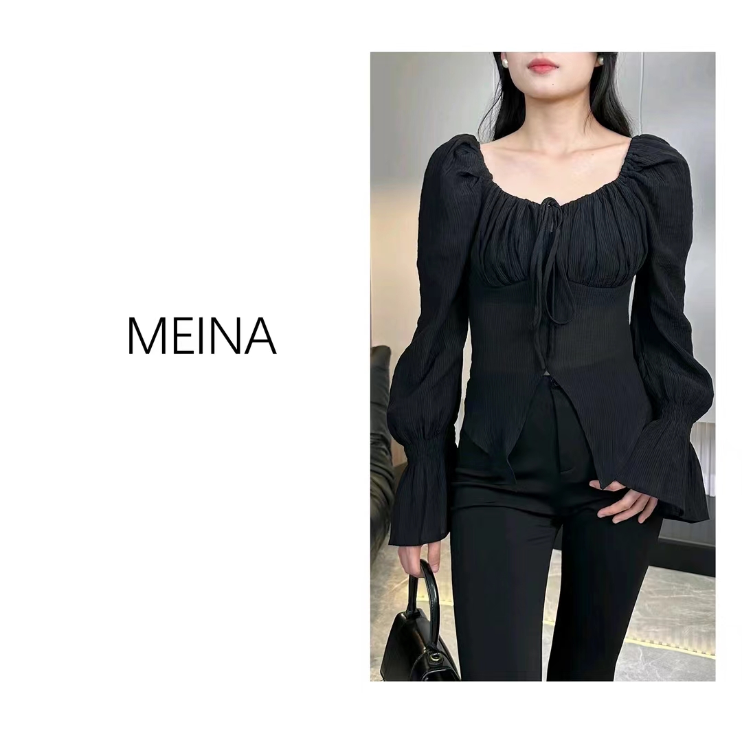 MEINA黑夜繁星黑色喇叭袖襯衫夏季方領襯衣女長袖修身百搭