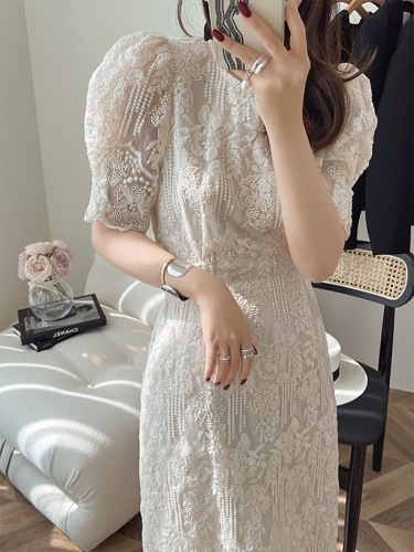 High-end heavy-duty embroidery white lace dress for women spring new style waist slimming French elegant long skirt