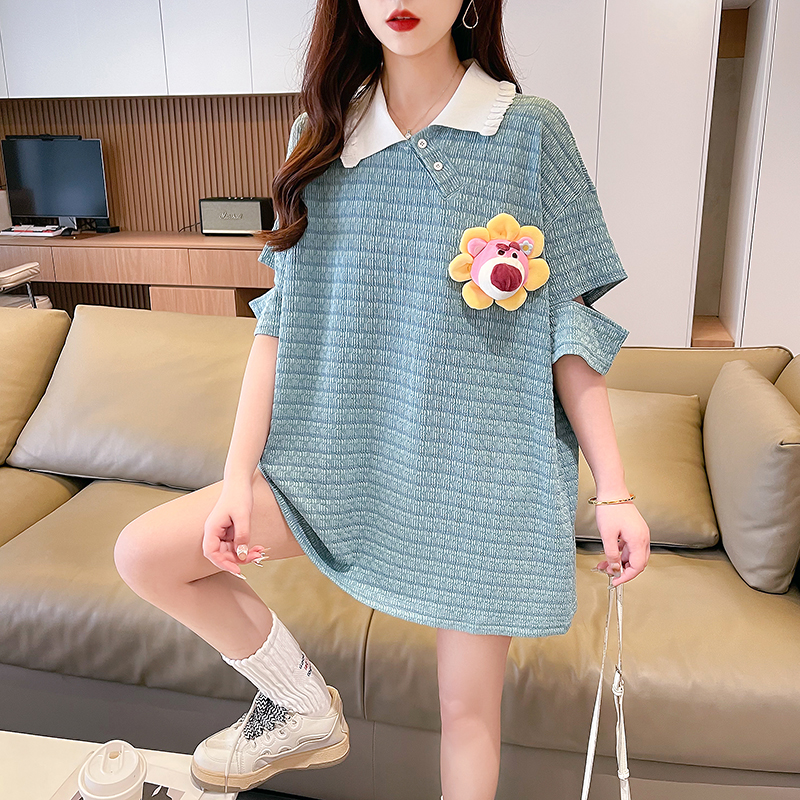 實拍2024夏季原版布料韓版中長款POLO短袖破洞T恤女