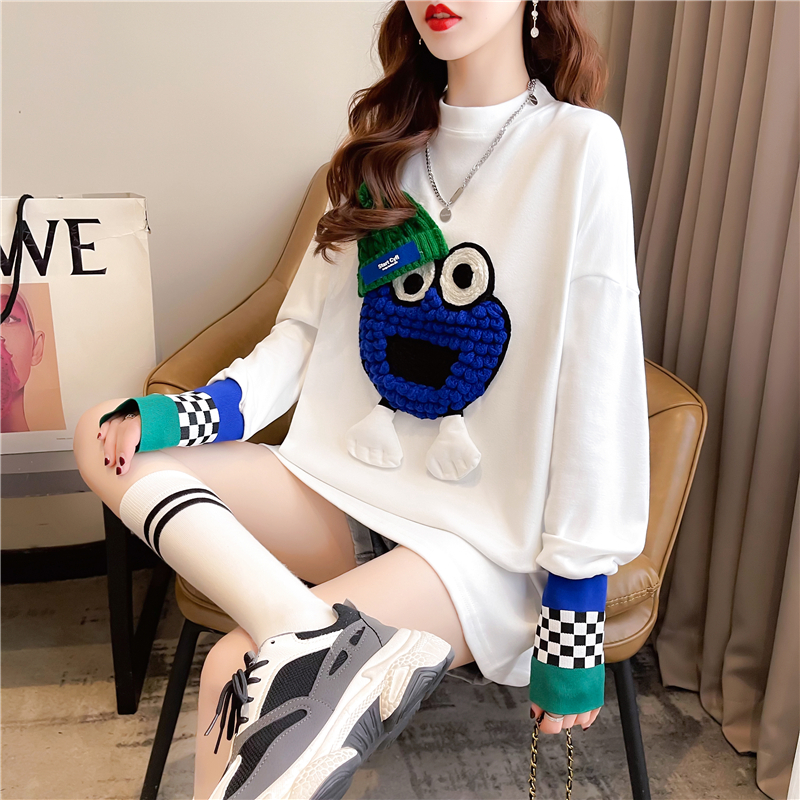Real shot 2024 spring Korean style loose double-sided German velvet round neck warm splicing long-sleeved bottoming shirt T-shirt for women
