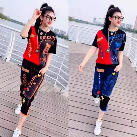 2024夏季新款短袖拼接網紅套裝女氣質時尚洋氣顯瘦大碼炸街兩件套