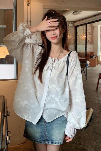 Real shot French three-dimensional embroidery white shirt pure cotton long-sleeved shirt slimming fairy embroidered shirt