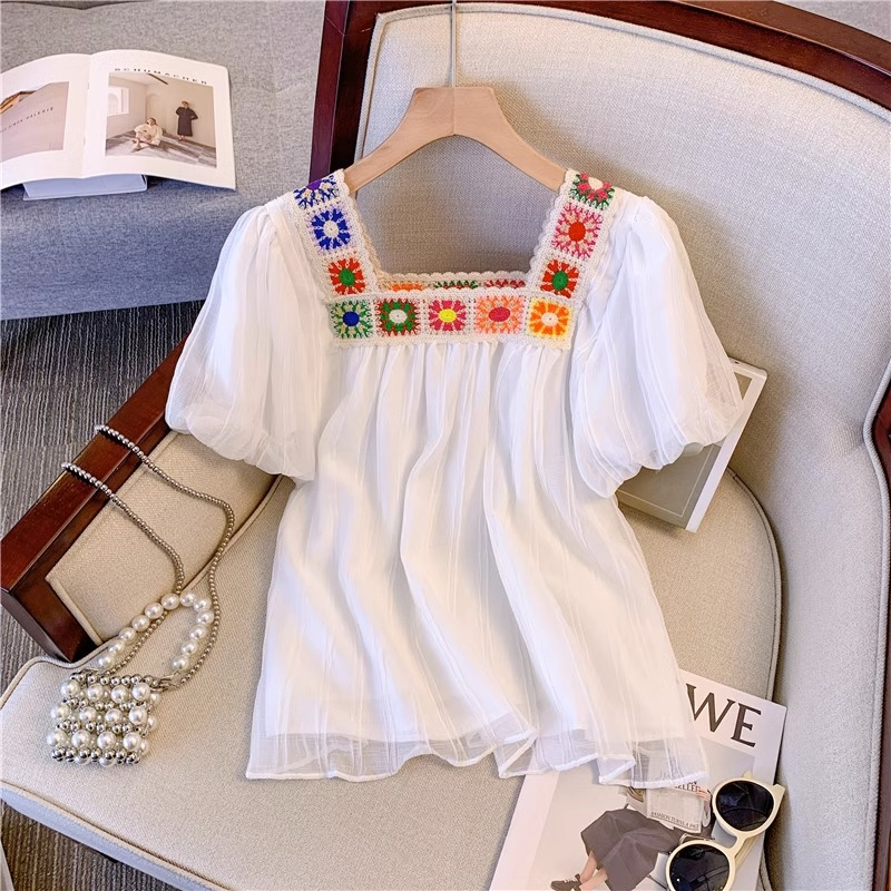 Original plaid French lace crochet patchwork top square collar puff sleeve shirt women's summer babydoll shirt