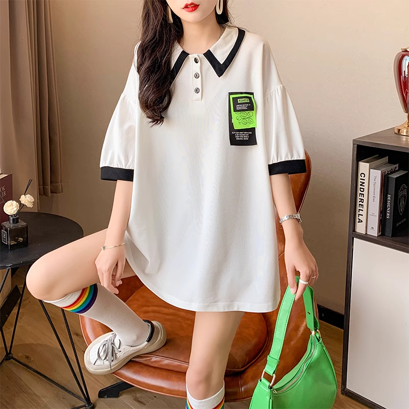 實拍2024夏季韓版大碼中長款不對稱polo領短袖t恤女