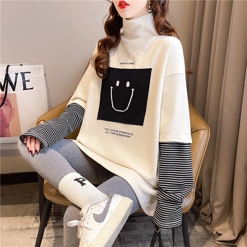 Real shot 2024 spring Korean style loose double-sided German velvet round neck warm splicing long-sleeved bottoming shirt T-shirt for women