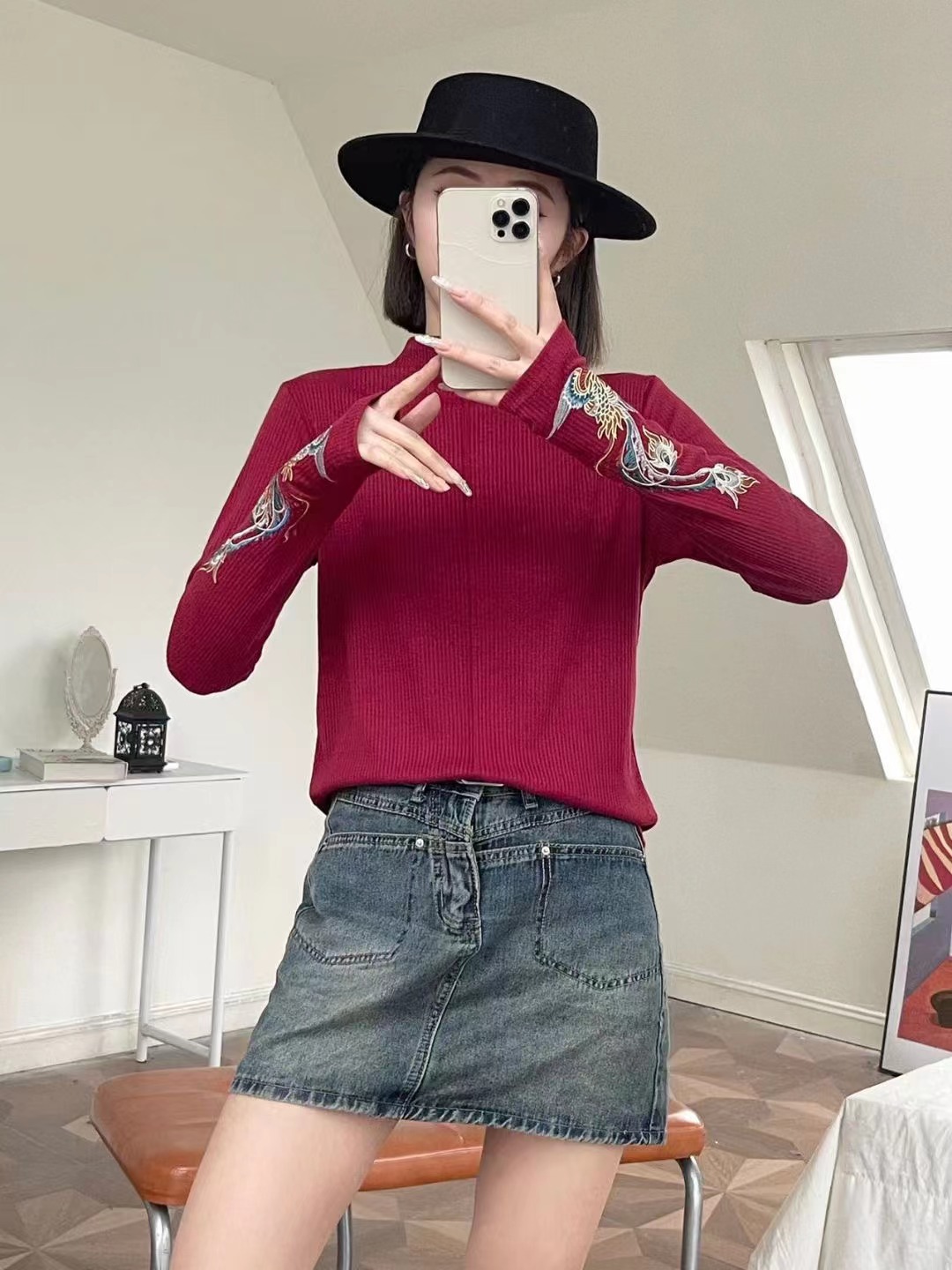 新中式半高領打底衫女士春季高級感修身內搭國風刺繡長袖T恤上衣