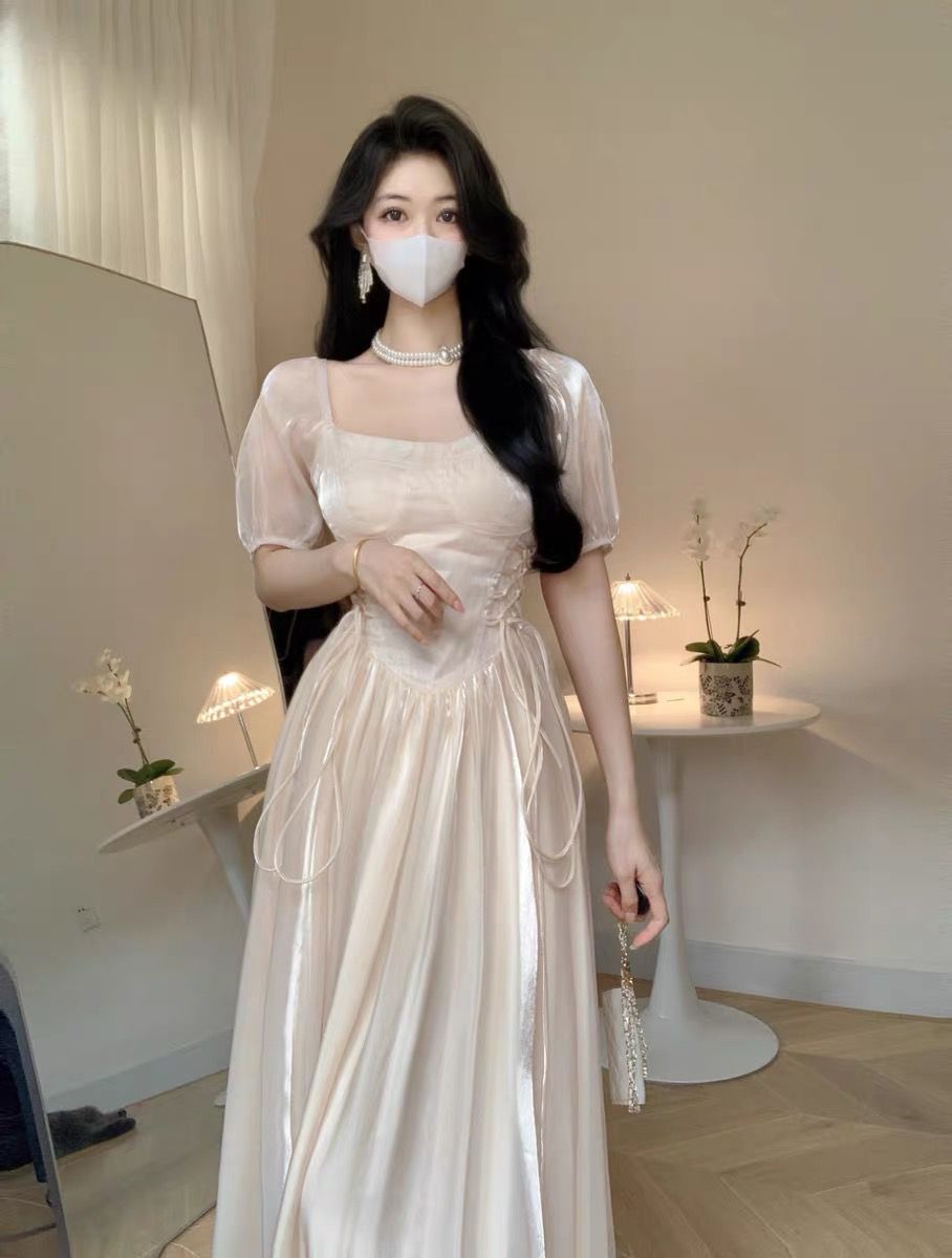高端法式泡泡袖連衣裙子女春夏超仙女溫柔氣質時尚森系公主蓬蓬裙