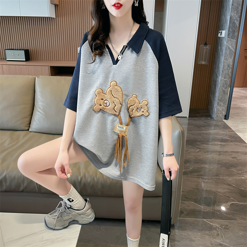 實拍2024夏季華夫格Polo領寬鬆拼接貼布印花插色t恤女