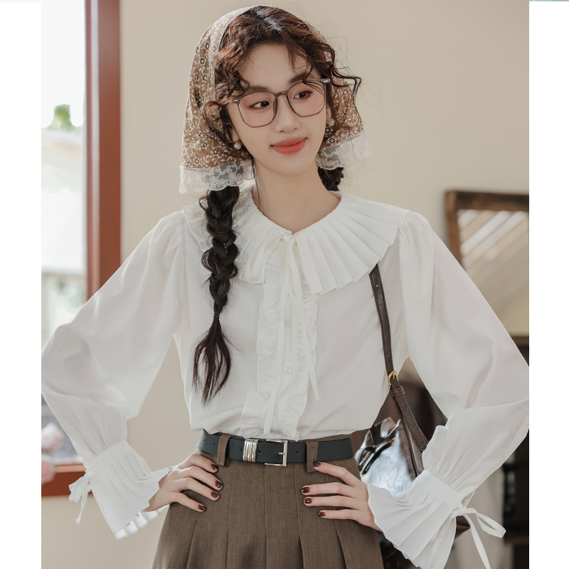 No less than 89 real shot 2024 French chic ruffled white shirt with a design top