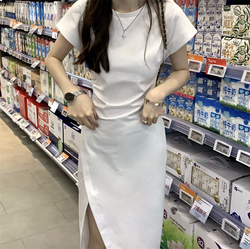 實拍~白色開叉修身顯瘦裙子收腰高級感長裙