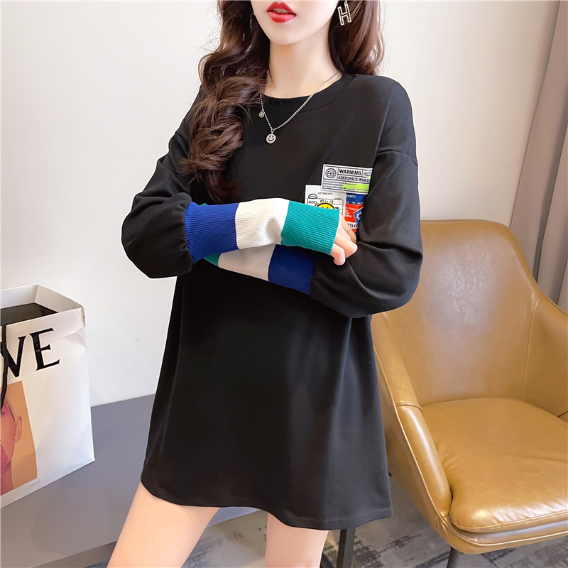 實拍 2024春季韓版寬鬆雙面德絨圓領保暖拼接長袖打底衫T恤女