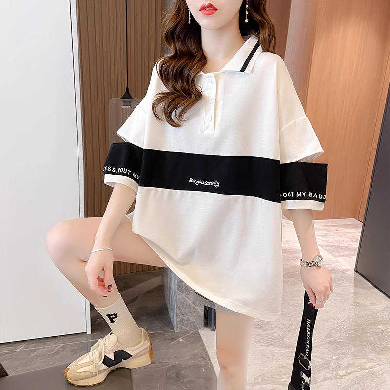 實拍2024夏季韓版寬鬆大碼中長款Polo領拼色破洞短袖t恤女