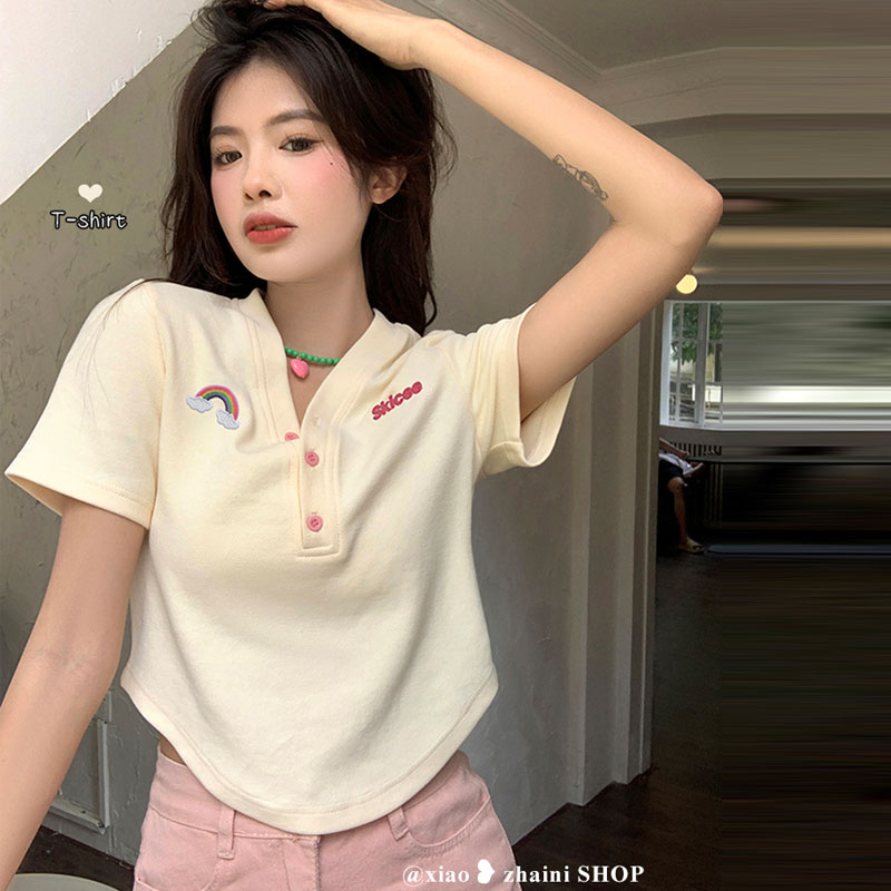 韓系v領正肩短袖t恤女夏季設計感小眾顯瘦別致甜辣短款上衣