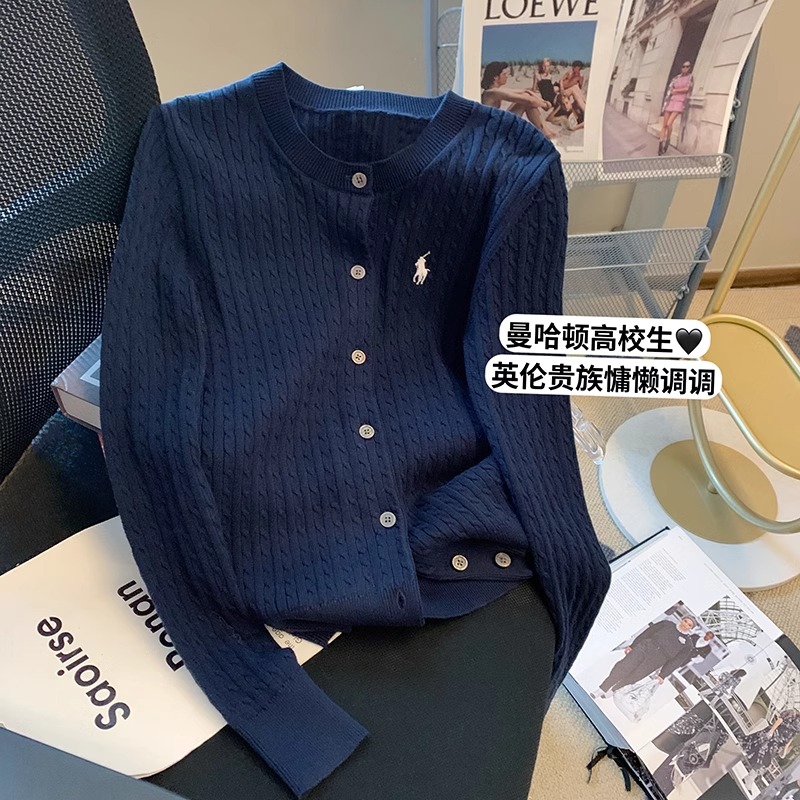 麻花毛衣針織開衫外套女春季修身藏藍色設計感小眾小個子長袖上衣