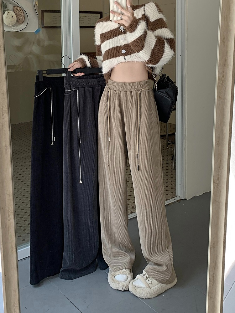 Original workmanship wide-leg pants high-waisted women's spring and autumn slim design chain waist rope drape straight casual trousers