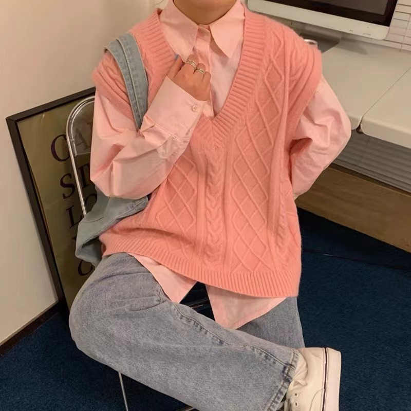 粉色v領毛衣背心馬甲女寬鬆慵懶風學院風無袖春秋百搭2024新款
