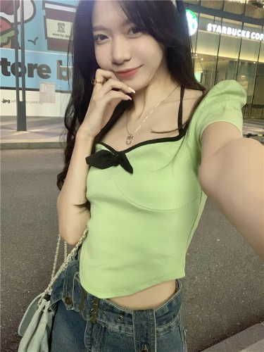 Pure desire sweet and spicy bow square neck short-sleeved T-shirt women's summer design niche short top trendy