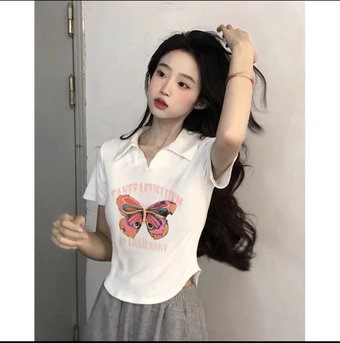 32 count pure cotton stretch cotton 95 cotton 5 polypropylene shoulder t-shirt women's summer design pure desire slim short top