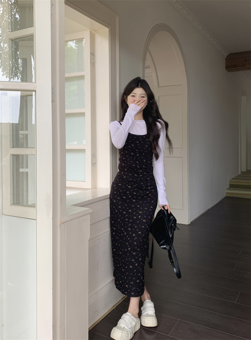 Actual shot Korean style black floral suspender skirt for women spring high waist slim dress