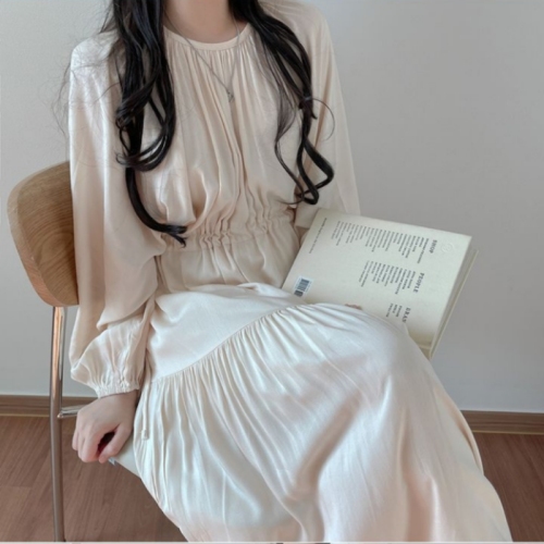 Size has been updated chic spring French gentle casual round neck pleated drawstring waist long dress